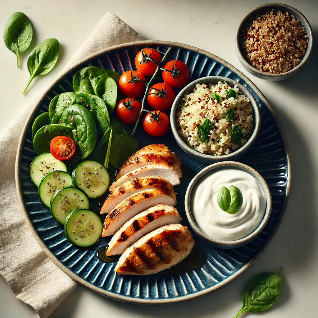 The image shows grilled chicken breast served with a side of creamy yogurt sauce and fresh vegetables, using leftover chicken.