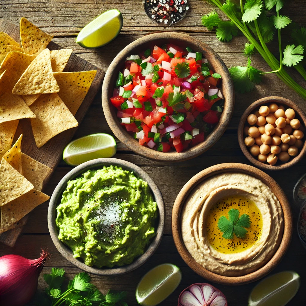 The image shows a rustic wooden table with three small bowls each containing a different 3-ingredient dips.