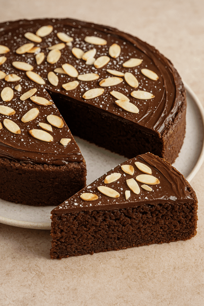 Moist almond flour chocolate cake on a white plate, topped with a glossy chocolate glaze and sliced for serving
