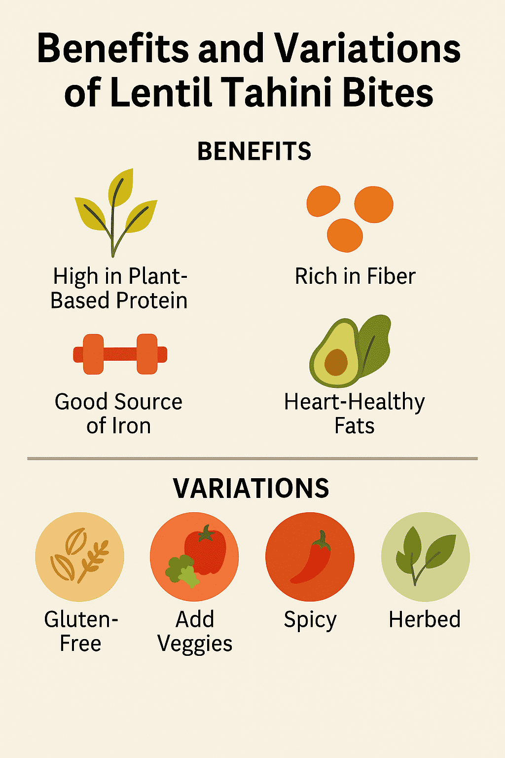 Colorful infographic illustrating the health benefits and variations of lentil tahini bites, including gluten-free, spicy, and Mediterranean options.