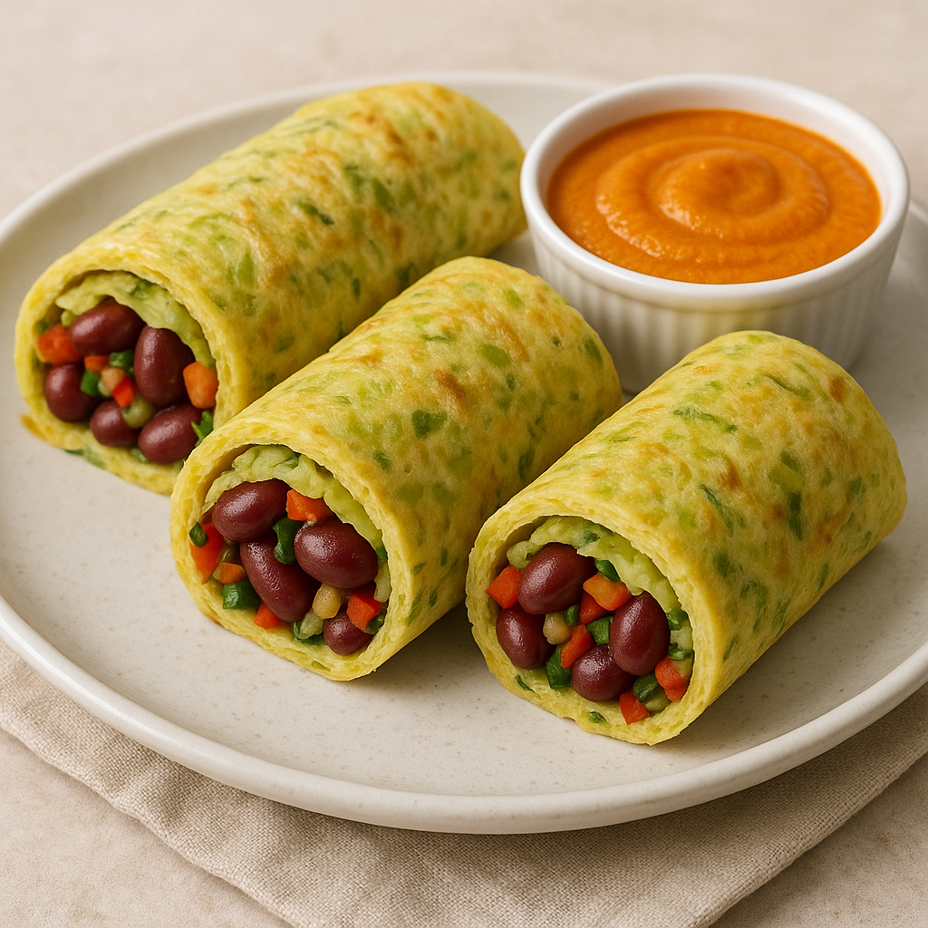 The image shows Cabbage Omelette Rolls on a plate With a bowl of carrot sauce on the side.