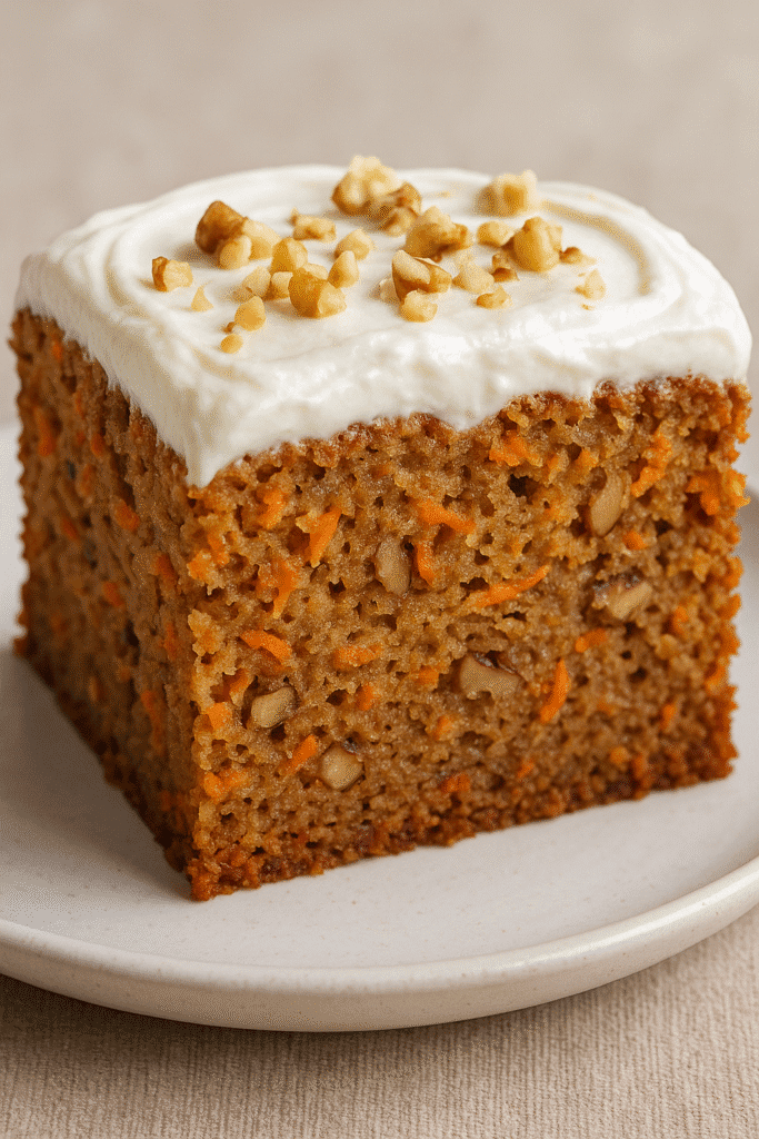 A serving of a better carrot cake with Greek yogurt frosting, topped with crushed nuts, served on a ceramic plate against a soft beige background.