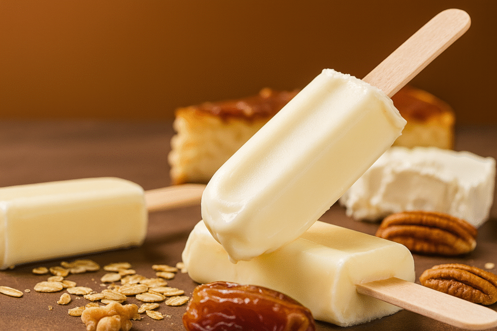 Close-up of creamy cheesecake lollies on wooden sticks, surrounded by oats, dates, pecans, and soft cheese on a clean background.
