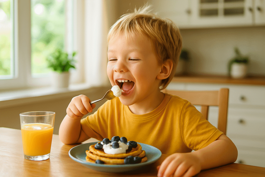 Child sat at a table eating breakfast