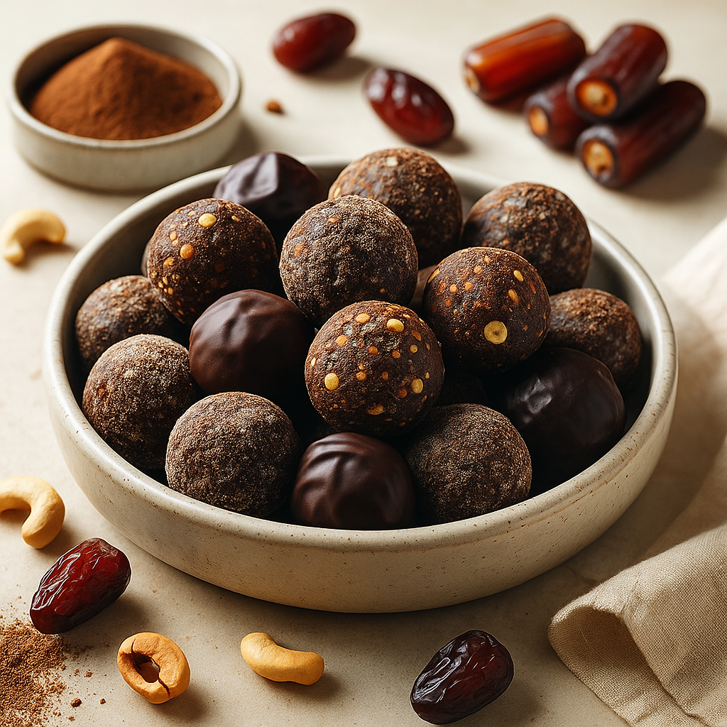 The image shows Nutty Chocolate Date balls in a bowl. some of them are covered with coco powder, nuts and dark chocolate.