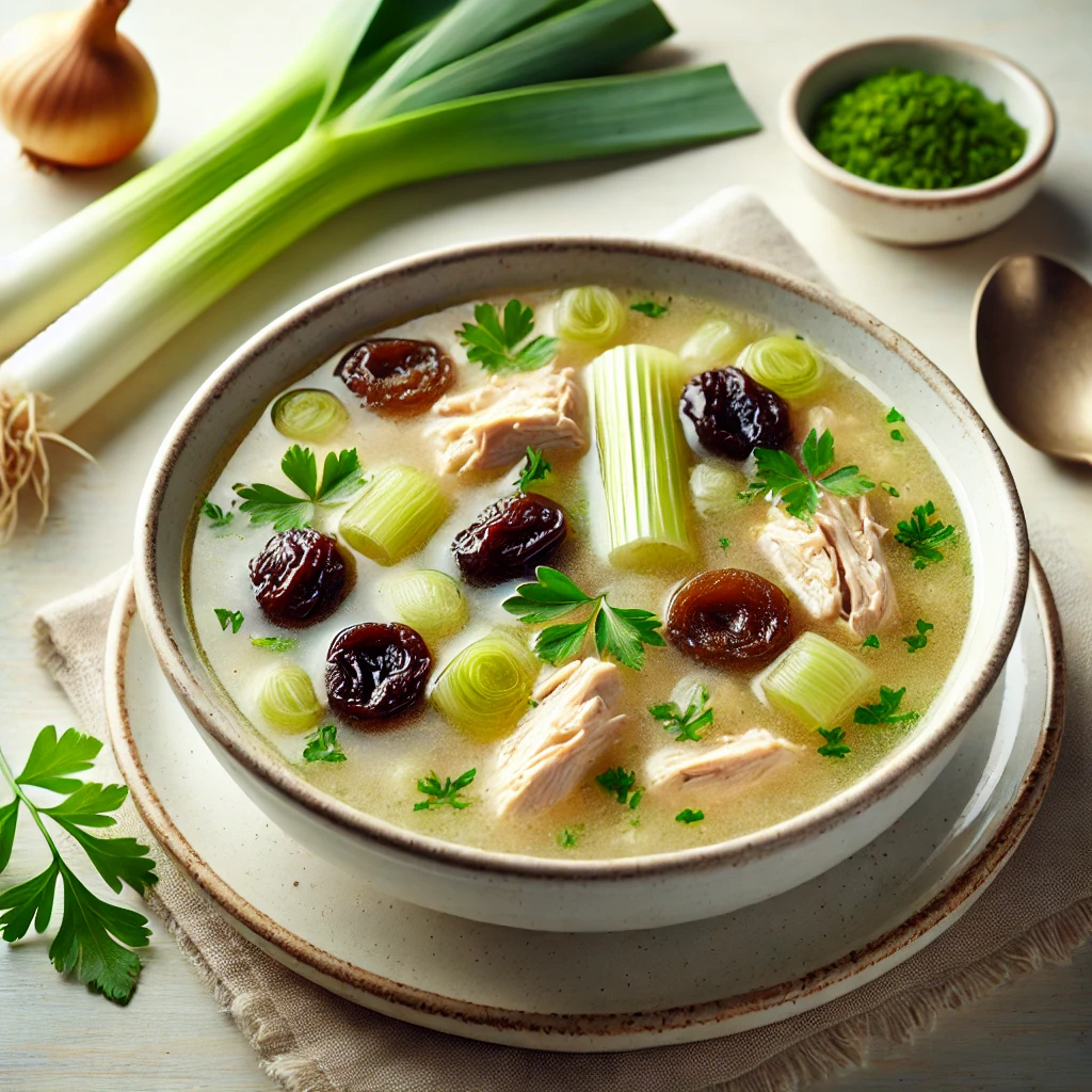 The image shows a bowl of Cock-a-leekie-soup on a table with dates.