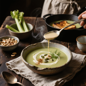 A bowl of This Creamy & So Good Vegan Soup sits on a table with a towel underneath the bowl.