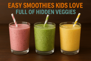 Image shows 3 different flavoured Easy Smoothies for kids on a counter top.