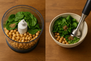 process of blending the falafel mixture in a food processor (or alternative method like a hand blender)