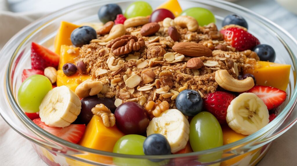 The image shows a Fruit salad crumble with a yoghurt sauce.