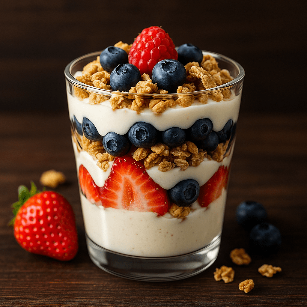 Fruit & Yoghurt in a glass with some of the ingredients on the counter top