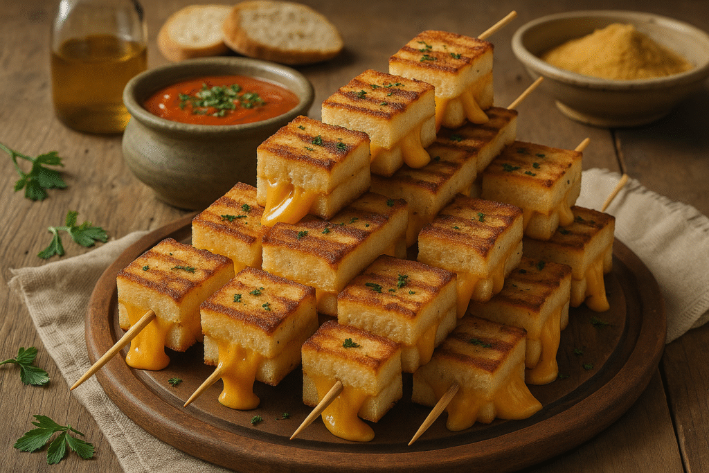Cubed grilled cheese sandwich kebabs on a skewer on a plate surrounded by a red dip