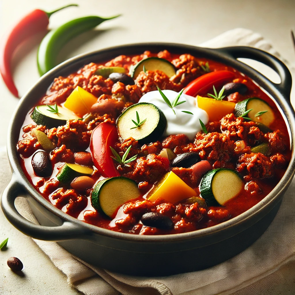 A steaming bowl of healthy chili, made with lean ground beef, beans, and a variety of colorful vegetables, topped with fresh avocado slices and a dollop of Greek yogurt.