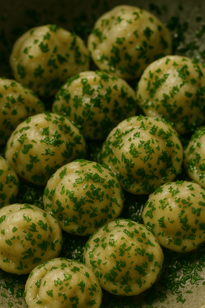Close-up of freshly steamed dumplings shaped like mini domes being rolled in chopped green herbs, with skewers threading through on a wooden plate.
