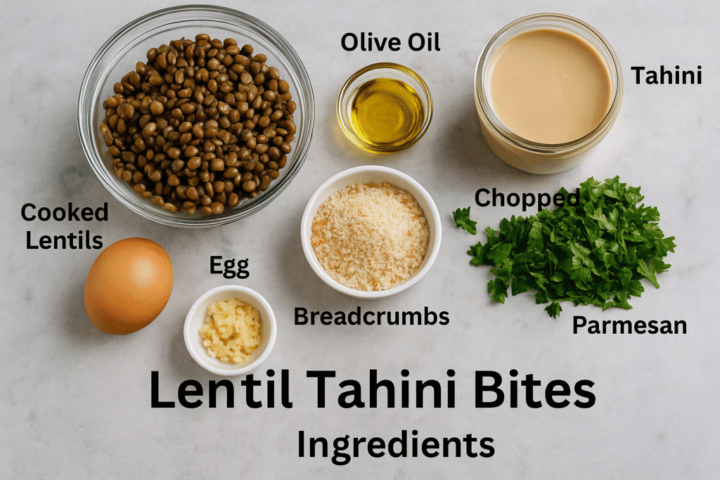 Ingredients for lentil tahini bites displayed on a wooden surface, including cooked lentils, tahini, rolled oats, herbs, garlic, onion, and spices.