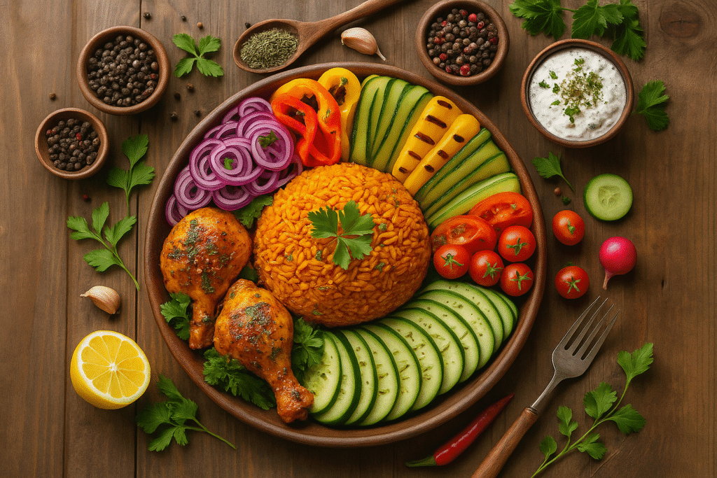 The image shows a Chicken and jollof rice. The rice is central in a mound and surrounded by 2 chicken drumsticks and vegetables