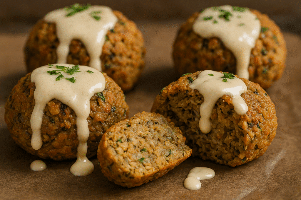 Close-up of baked lentil tahini bites with creamy tahini sauce dripping over the top, one bite cut in half to show texture inside.