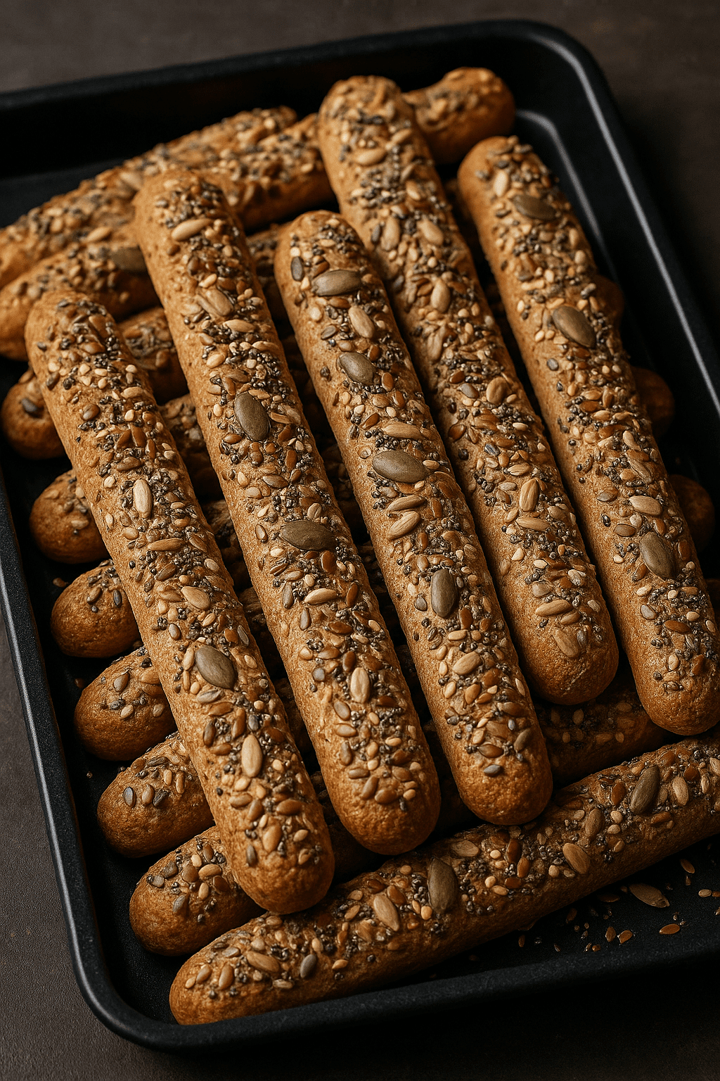 The image shows several Multiseeded Breadsticks laid out in a baking tray