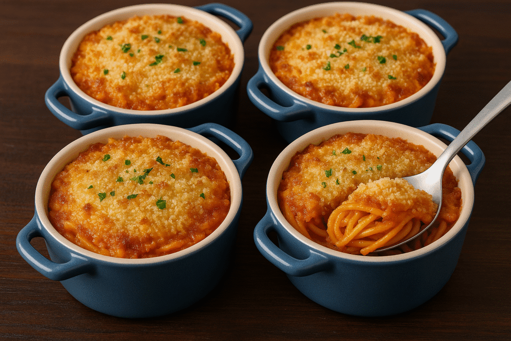 Image shows 4 mini Veggie Spaghetti Casseroles on a table top.