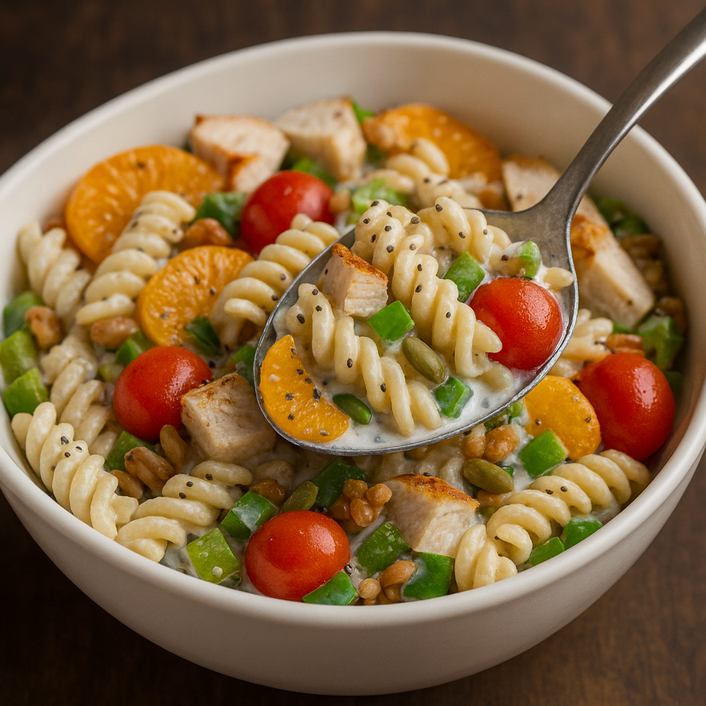 The image shows a bowl of pasta salad. It contains fruit and nuts plus grilled chicken