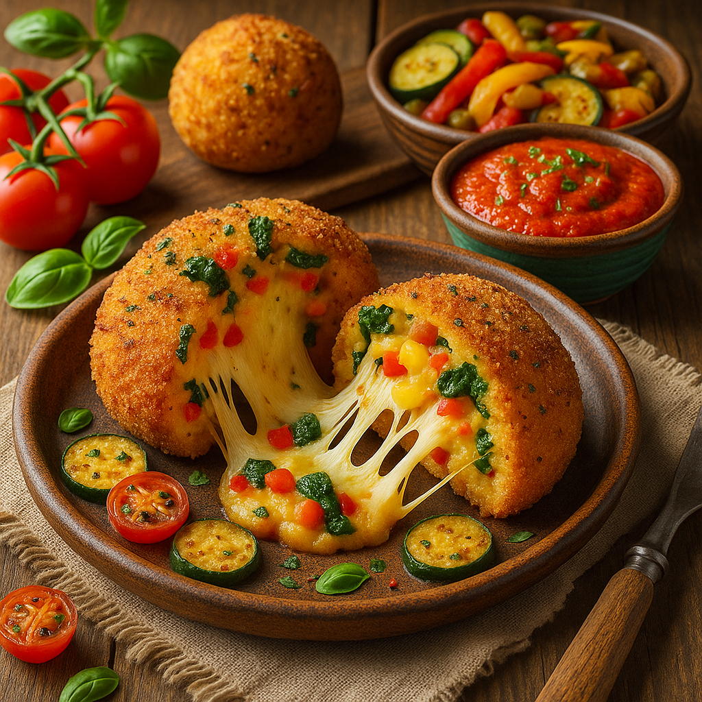The image shows pizza fritters. There is a side dishes of vegetables and tomato sauce.