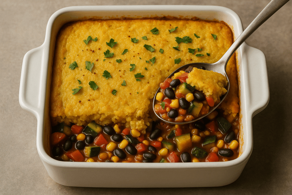 Square casserole dish of Polenta Tamale Pie