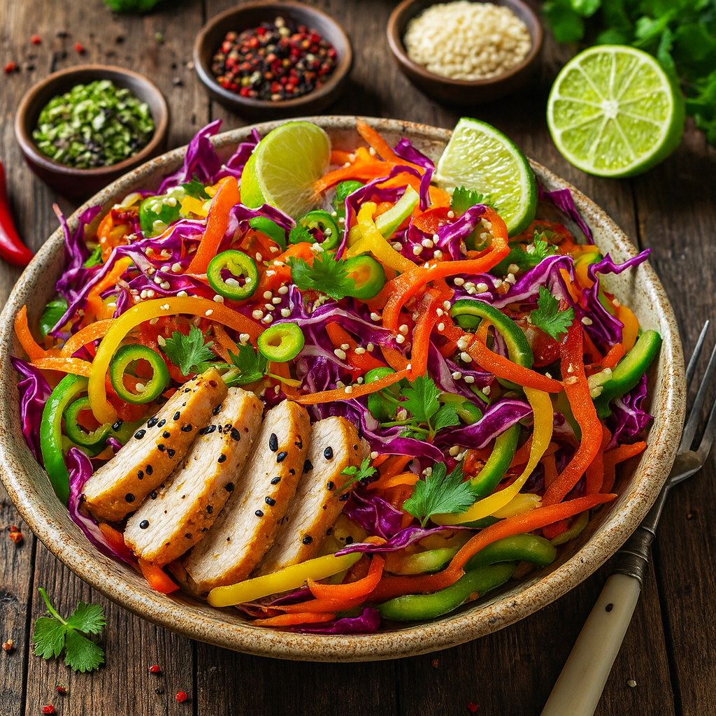 This image shows Rainbow Chicken Slaw on a plate. Adding are a variety of colourful vegetables.
