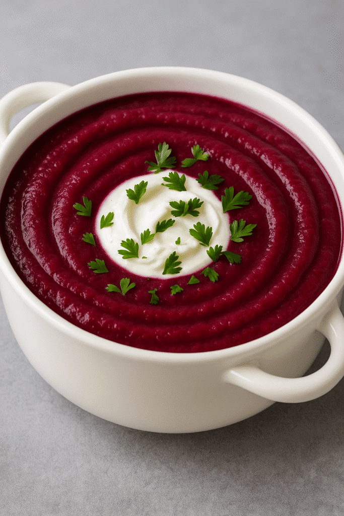 2 Handle soup bowl contains Red Cabbage and Beetroot soup with a splash of Greek Yogurt