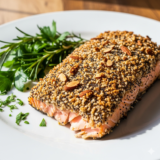 The image shows a Salmon Fillet coated with breadcrumbs Without Bread