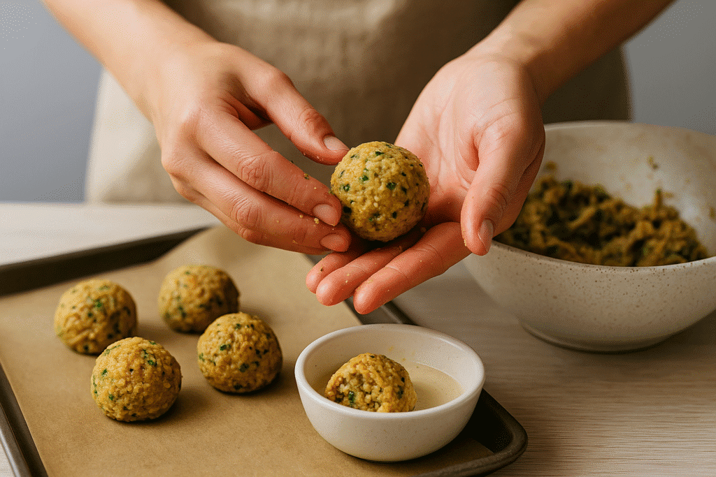 Close-up of hands rolling lentil tahini mixture into small round bites on a wooden surface, preparing them for baking.