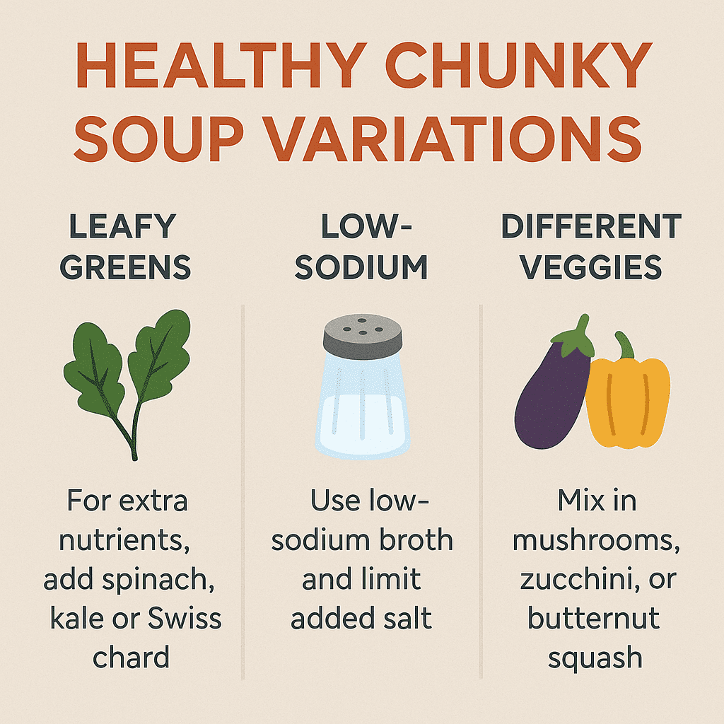 Infographic titled “Healthy Chunky Soup Variations” showing three customization tips: adding leafy greens, choosing low-sodium broth, and mixing in different vegetables like zucchini or squash.