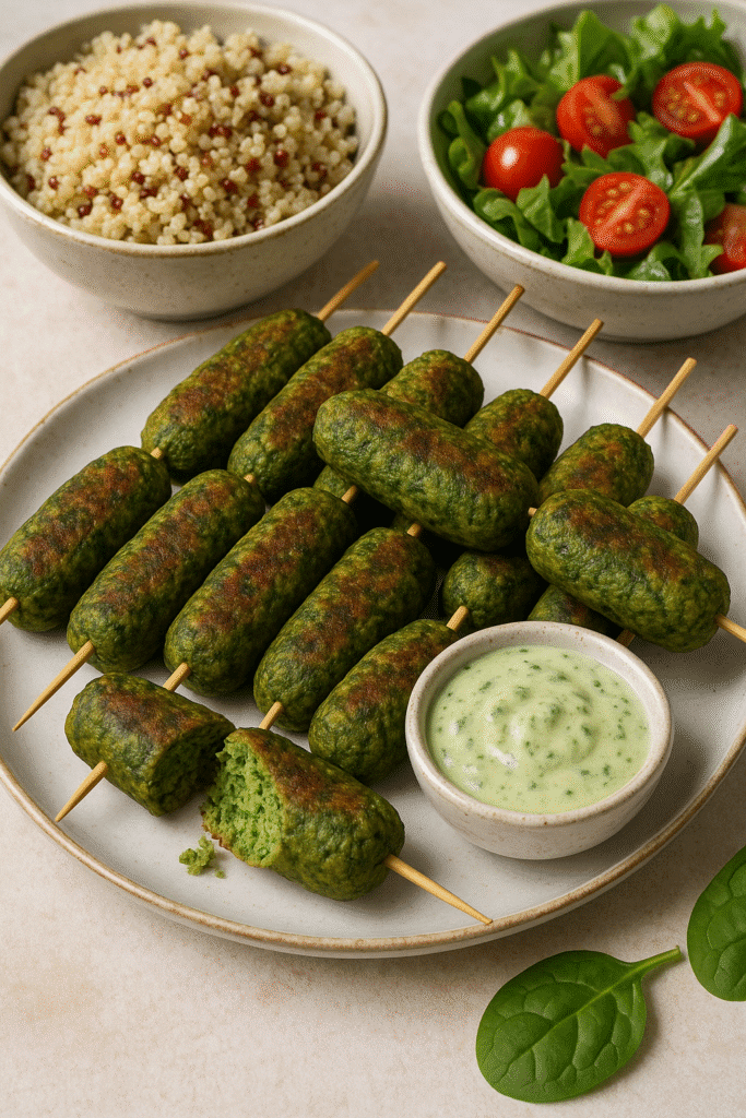 The image os Skewered Spinach Falafel Kebabs on a plate. with side dishes