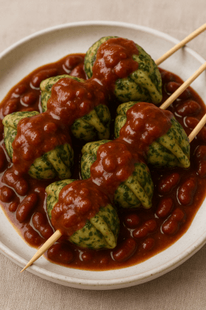 Skewered herb dumplings topped with thick kidney bean sauce on a white plate