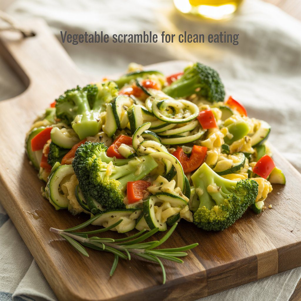 A vibrant vegetable scramble featuring broccoli florets, zucchini noodles, and red bell peppers, served on a wooden board with a sprig of rosemary, ideal for clean eating.