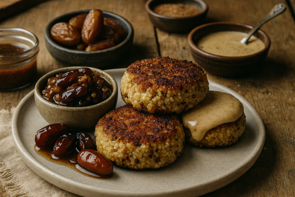 The image shows Quinoa and White bean fritters with a black bean and date sauce plus a tahini sauce.