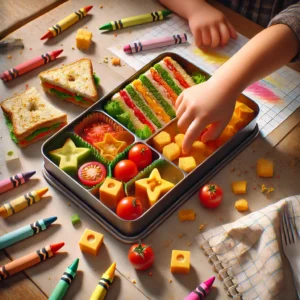 Image of bento box meals with colorful food (star-shaped sandwiches, cherry tomatoes, and cheese cubes) spilling out.
