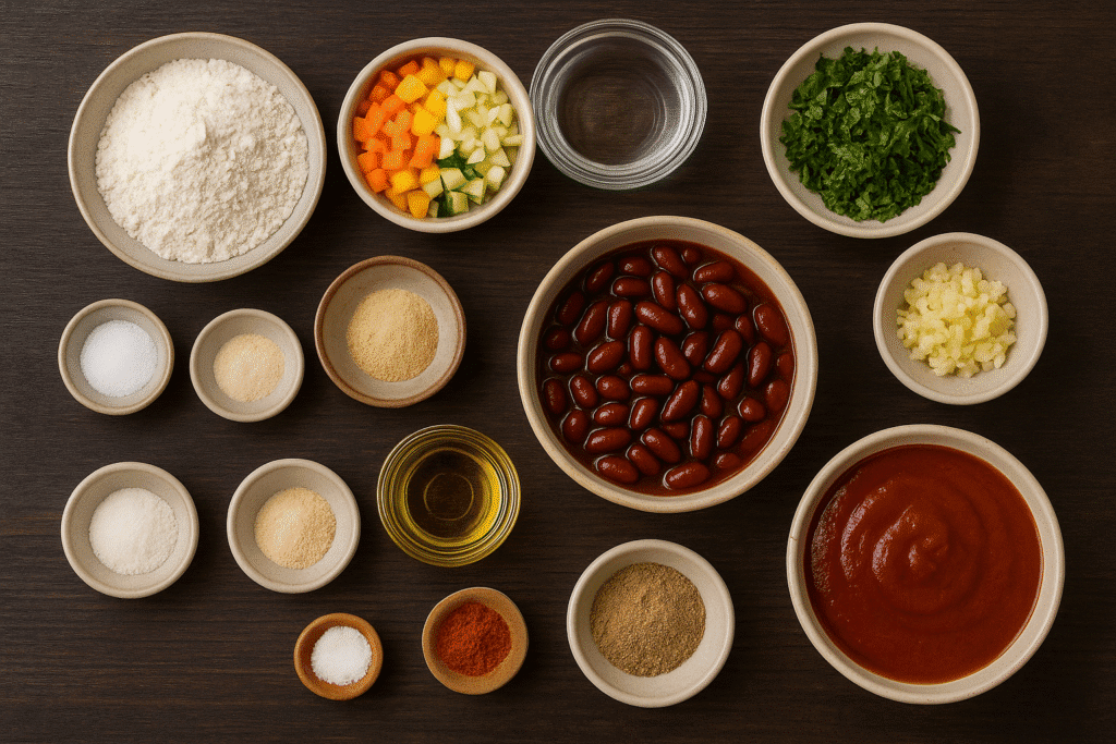 All the measured ingredients in small bowls on a dark wood board.
