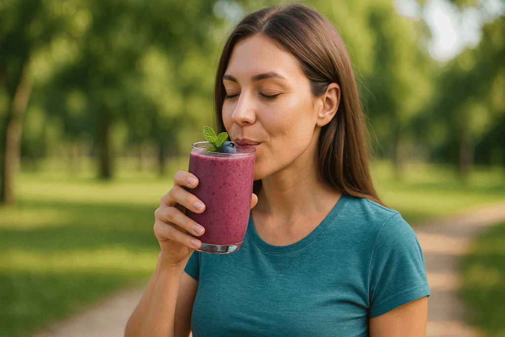 Smiling woman in a teal shirt enjoying a berry collagen smoothie outdoors in a sunlit park setting, holding the glass close to her lips.