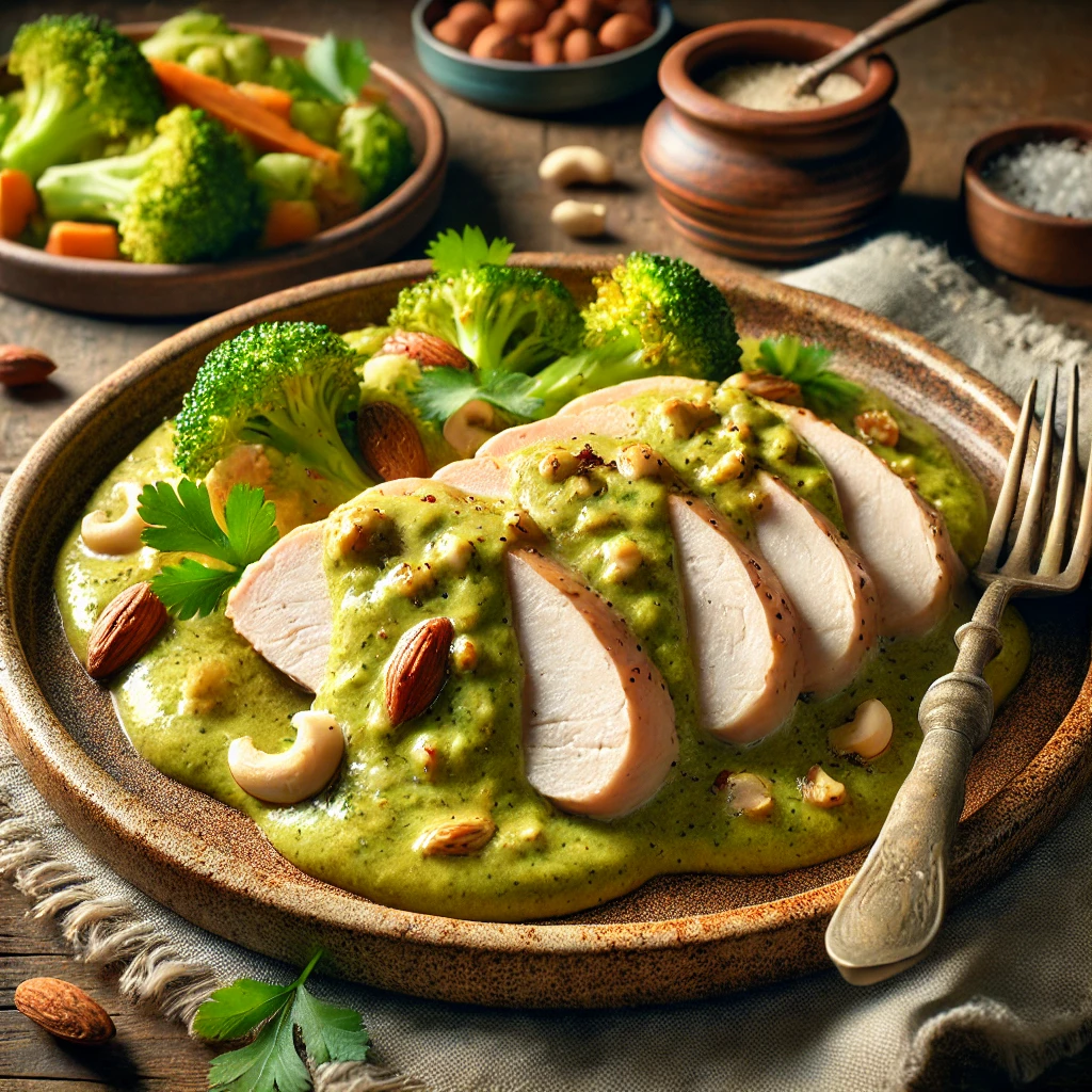 The Image Shows Steamed chicken with Avocado and Nut sauce in a plate. This meal is surrounded by various side dishes