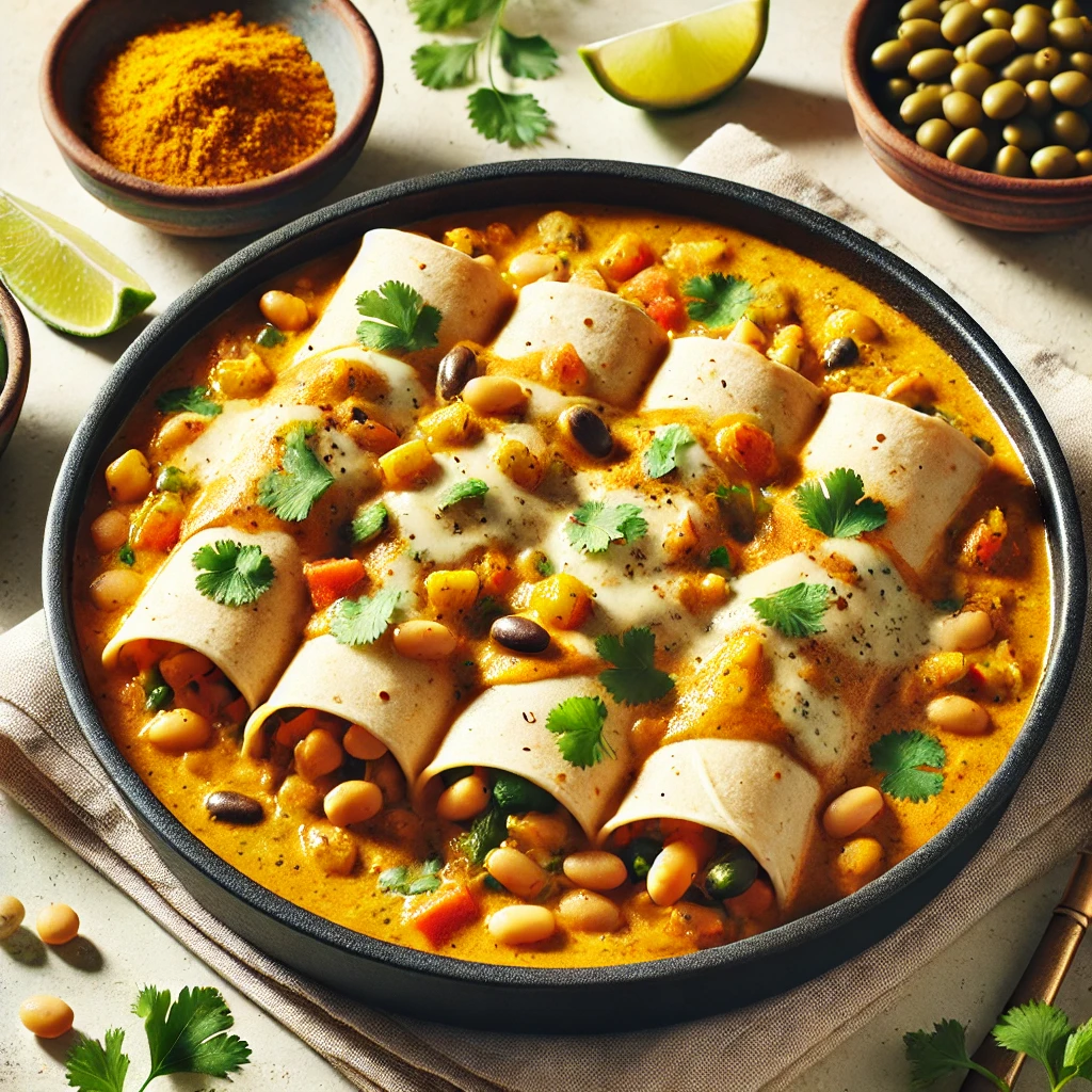 The image shows a White bean and Vegetable Curry Enchiladas in a round casserole dish.