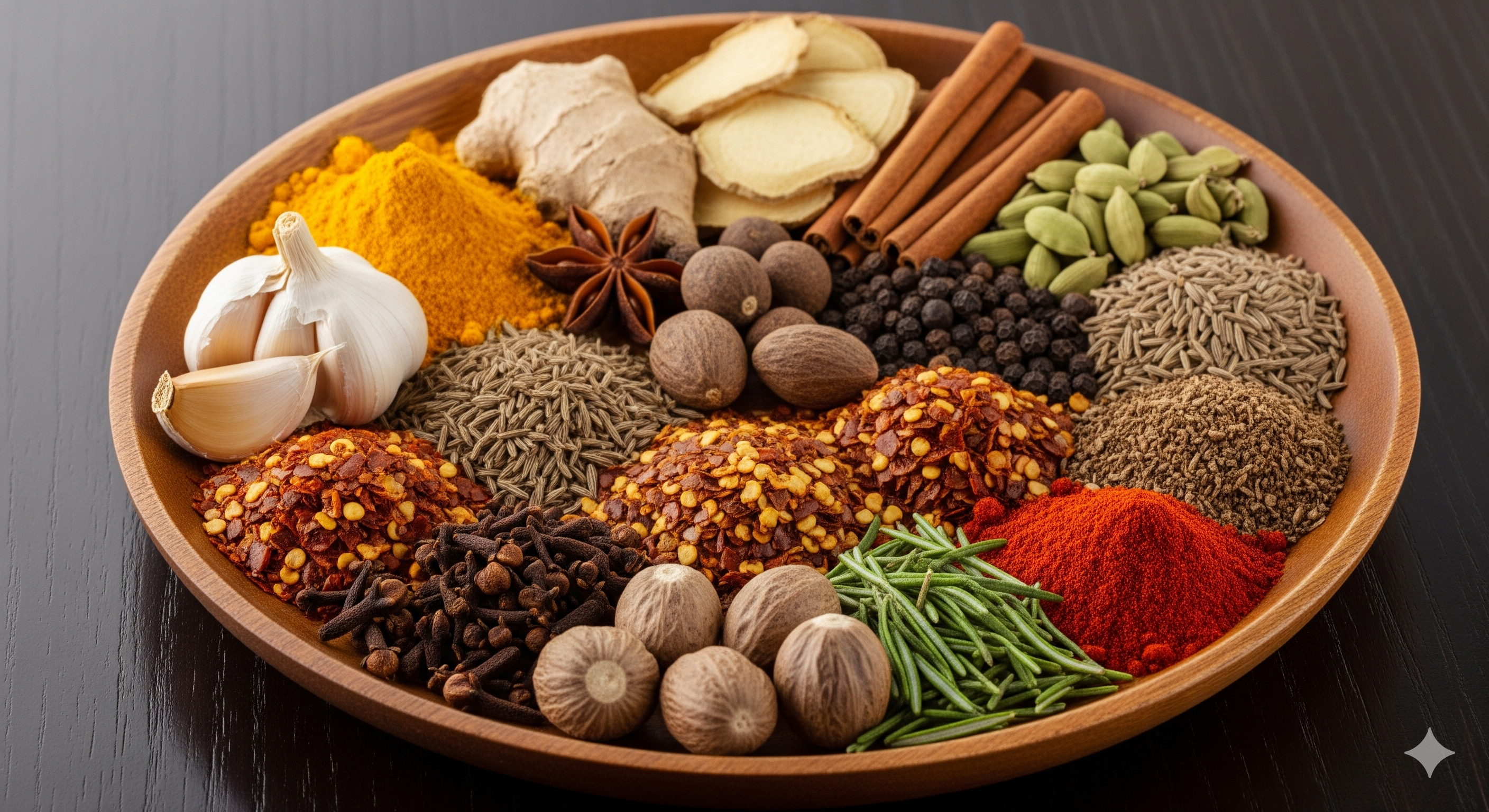 A high-resolution, horizontal, close-up image of a wide, round wooden bowl filled with a variety of colorful spices. The spices are arranged in separate piles: bright yellow turmeric powder, knobby ginger root slices, cinnamon sticks, green cardamom pods, whole black peppercorns, cumin seeds, garlic cloves, star anise, whole nutmegs, whole cloves, red chili flakes, fresh rosemary sprigs, and a pile of vibrant red paprika powder. The bowl is set against a dark wood background, and the natural lighting highlights the texture and color of each ingredient.