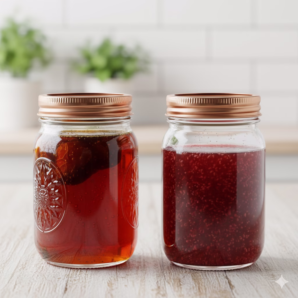 Two glass jars, one filled with amber date syrup and the other with vibrant red fruit syrup, sit on a light wooden counter with a white tiled background. The jars have decorative textures and rose gold lids, showcasing the homemade healthy syrup.