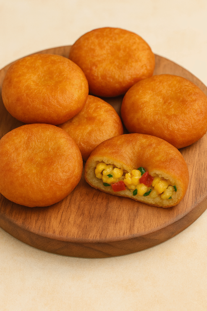 A close-up of golden-brown Ackee Savoury Doughnuts, garnished with scallions and served with a dipping sauce on a wooden board