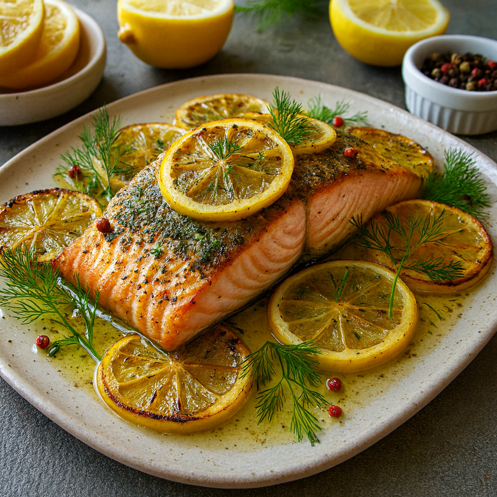 The image shows Baked Lemon Salmon on a plate.