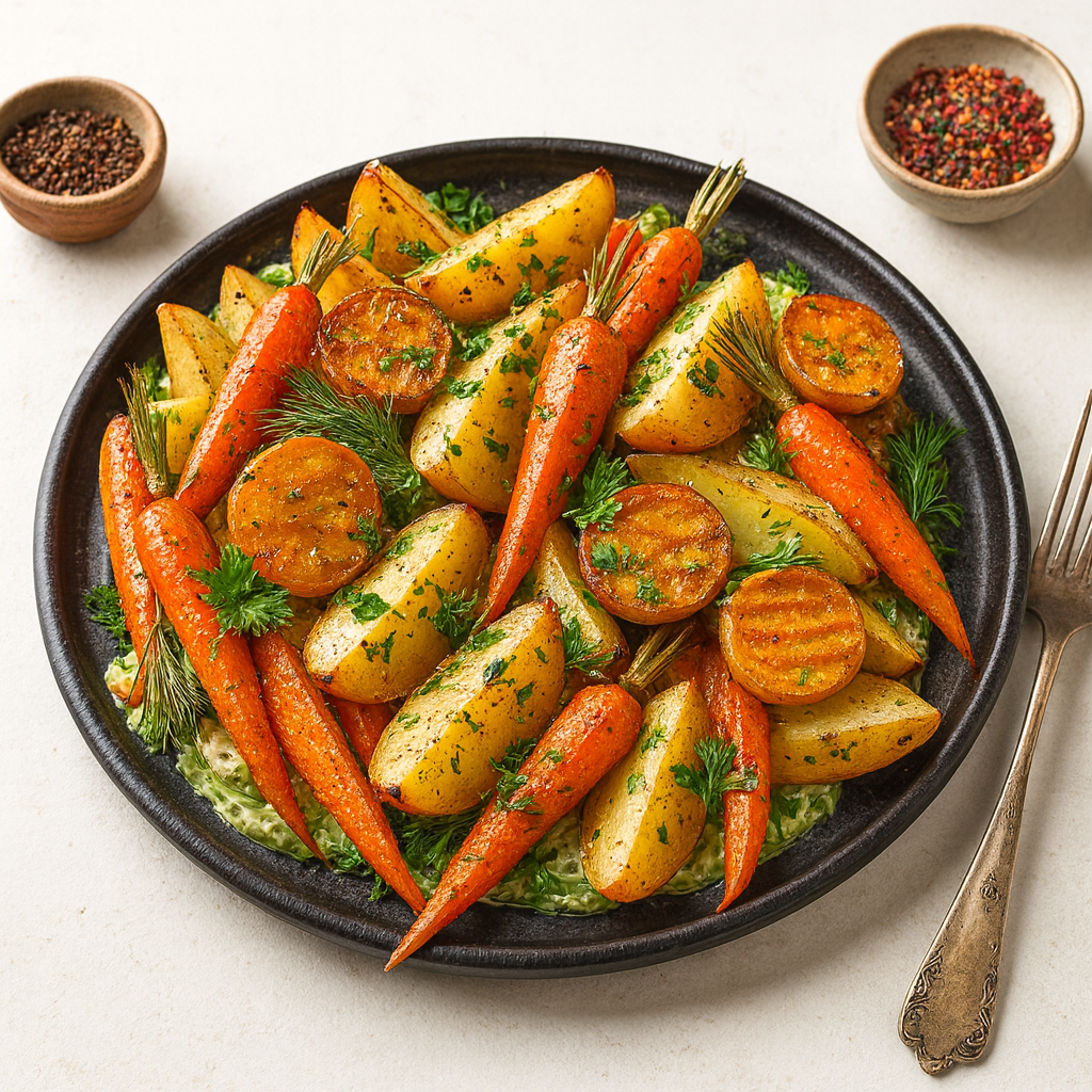 This image shows a Baked Potato & Carrot Salad with Thyme.