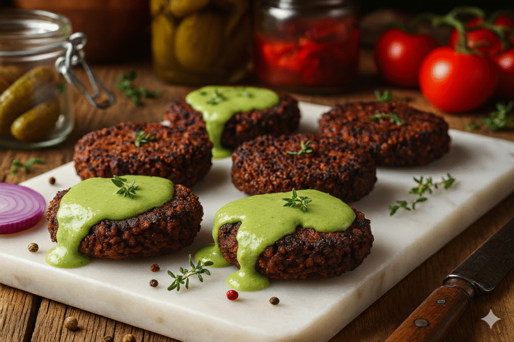 Crispy beanie burger patties made with beans, nuts, and seeds, served on a white marble slab and topped with creamy green avocado sauce.