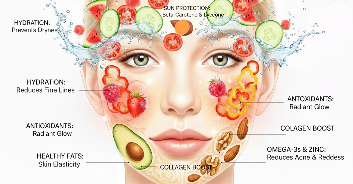 A detailed illustration of a woman's face highlighting how different foods contribute to Better Skin & Hair. Explanations point to specific facial areas, showing how foods like watermelon, cucumber, bell peppers, berries, avocado, nuts, sweet potato, and tomatoes provide hydration, antioxidants, collagen boosts, healthy fats, omega-3s, zinc, and sun protection for a radiant complexion.