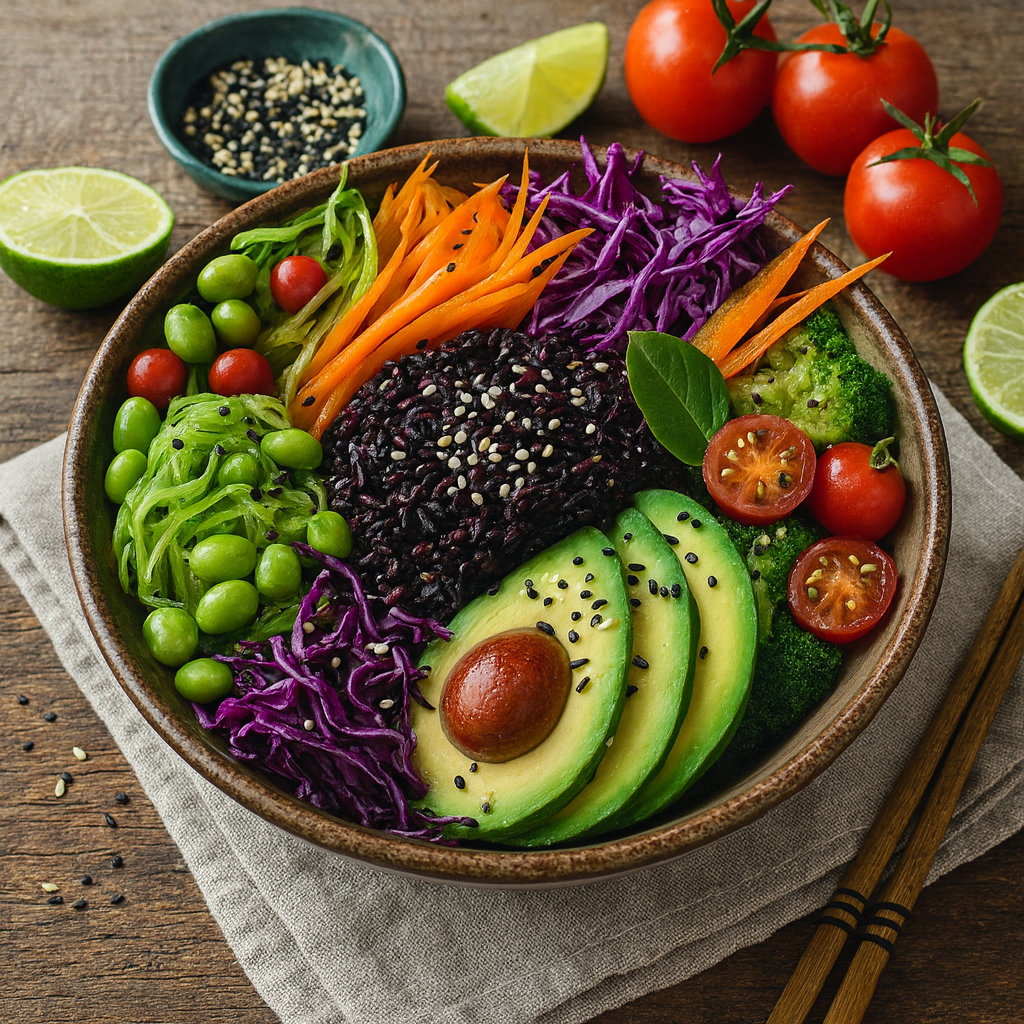 The image shows Vibrant Black Rice with healthy vegetables