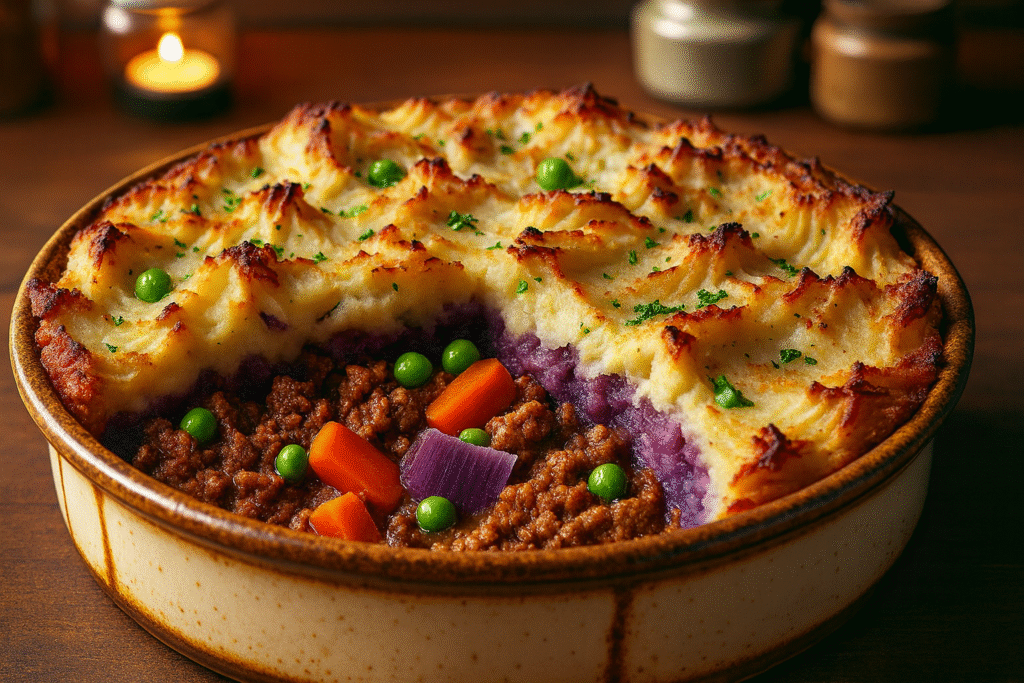 Freshly baked Dasheen Shepherd’s Pie with golden mashed dasheen topping, colorful peas, carrots, and savory ground meat in a rustic dish.