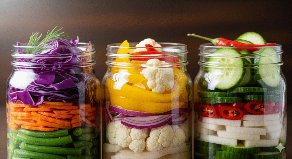 A close-up horizontal shot of three jars of fermented foods. The first jar contains layered purple cabbage, carrots, and green beans. The second holds yellow peppers, red onions, and cauliflower. The third has cucumbers, daikon radish, and red chili peppers. The jars are on a dark wood table.